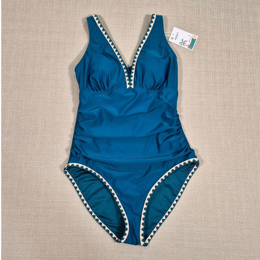 B2PRITY‎ Women Teal Blue Ruched Tummy Control One Piece Swimsuit Ric Rac Trim M